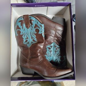 Madden Girl Brown Vegan Leather Cowgirl Boots with Turquoise Embroidery